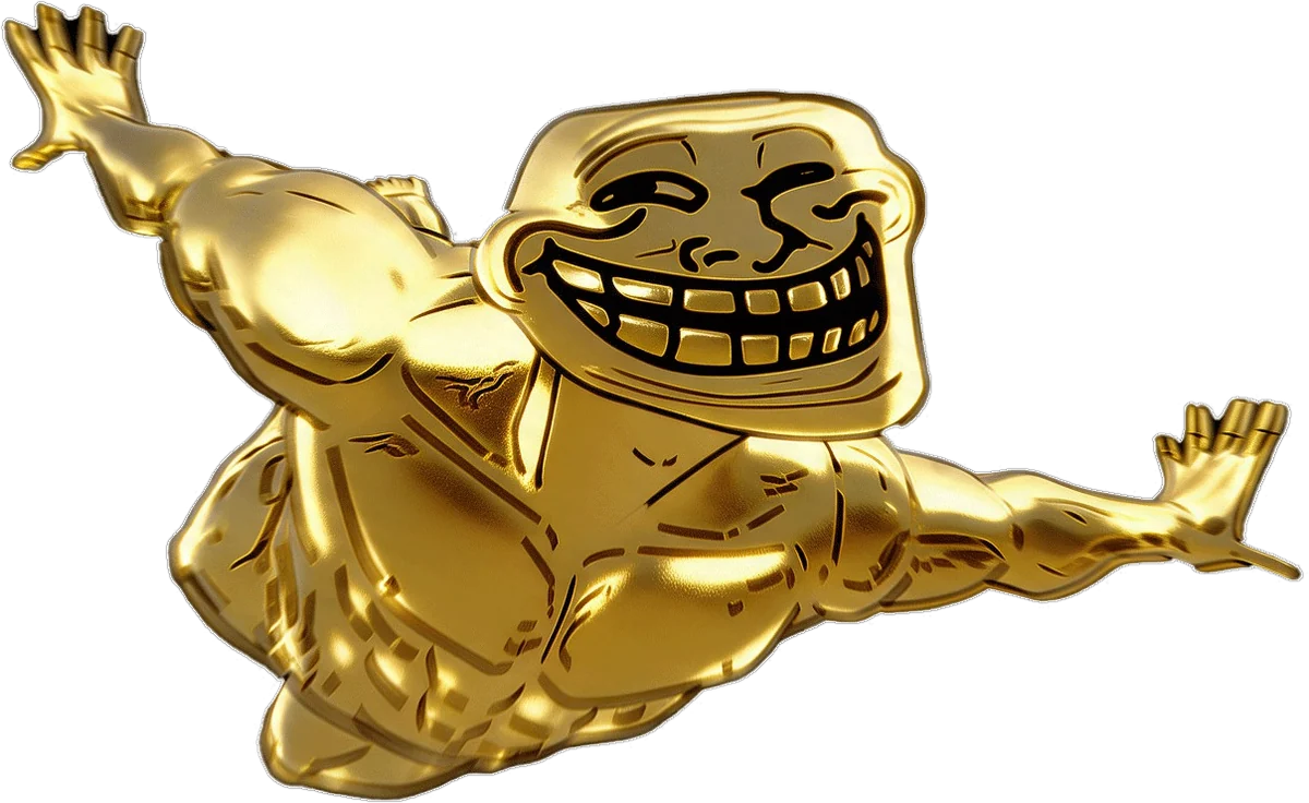 Gold troll-face figure flying