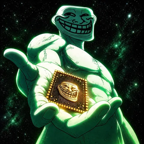 Glowing green troll holding a gold $TROLLIONS chip
